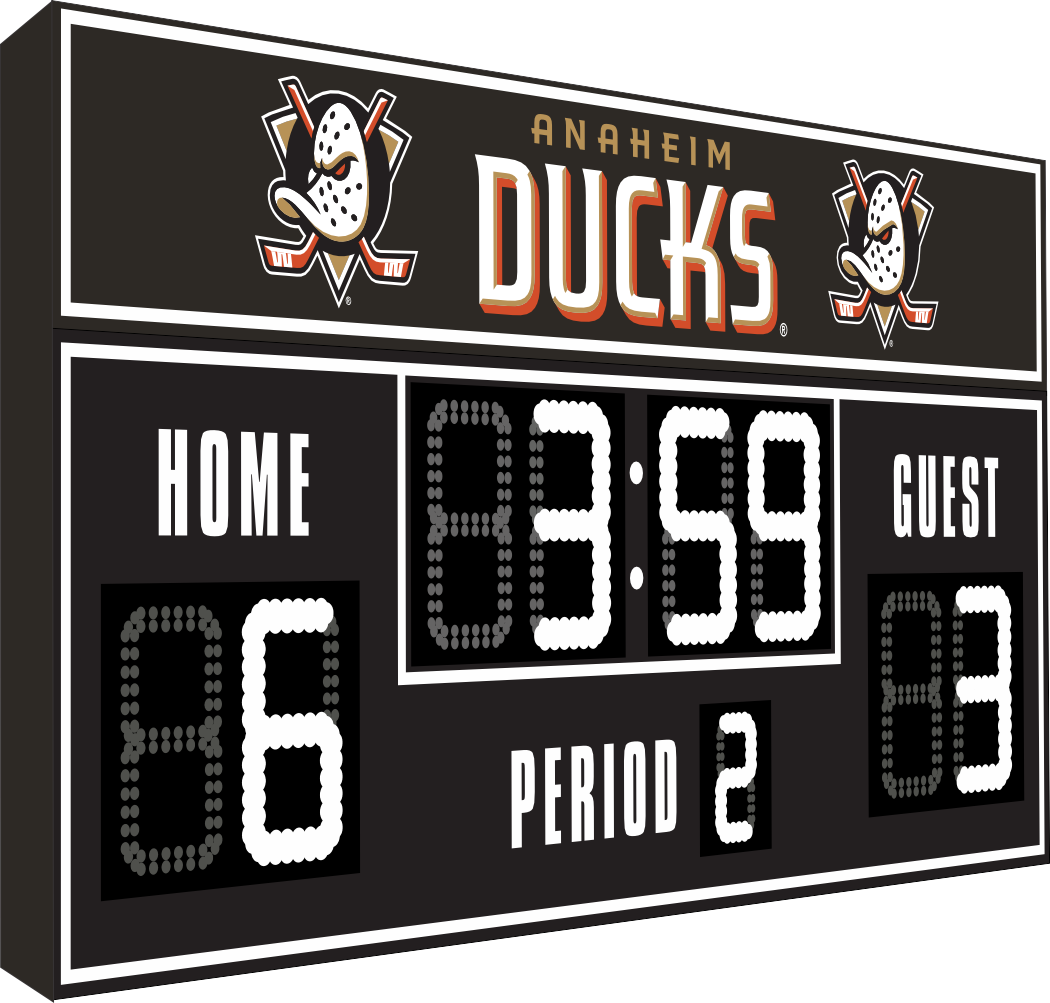Anaheim Ducks hockey scoreboard. The scoreboard is black with white LED digits and displays time, scores for home and guest teams, and the period number. The top section includes the "Anaheim Ducks" text with team logos on both sides.