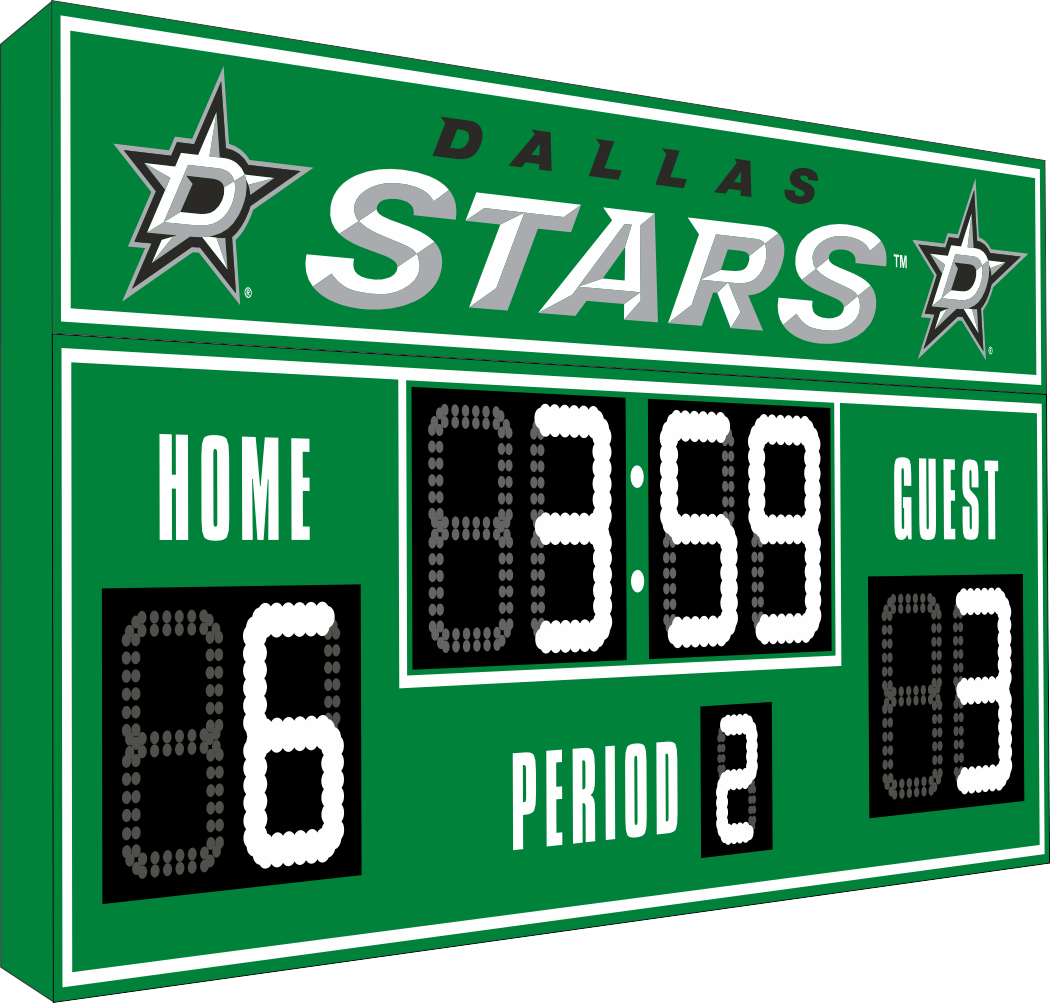 Dallas Stars hockey scoreboard. The scoreboard is green with white LED digits and displays time, scores for home and guest teams, and the period number. The top section includes the "Dallas Stars" text with team logos on both sides.