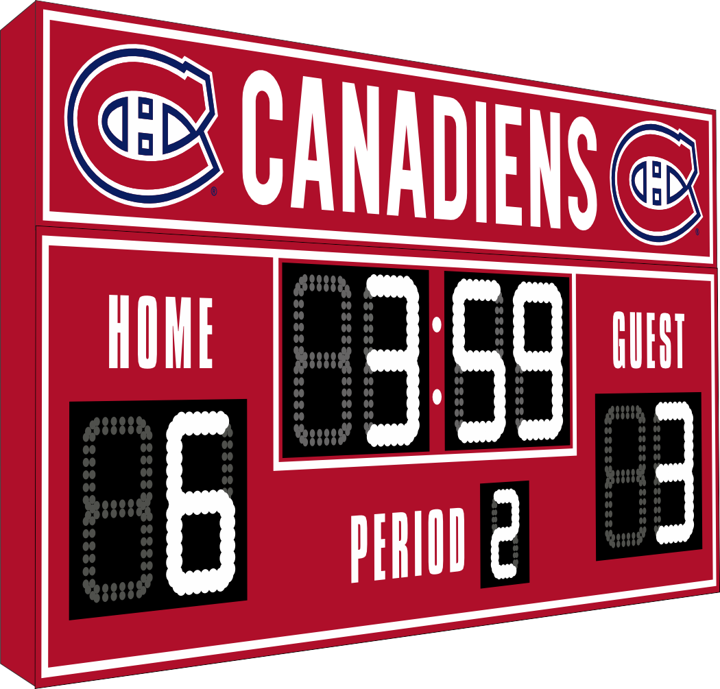 Montreal Canadiens hockey scoreboard. The scoreboard is red with white LED digits and displays time, scores for home and guest teams, and the period number. The top section includes the "Canadiens" text with team logos on both sides.
