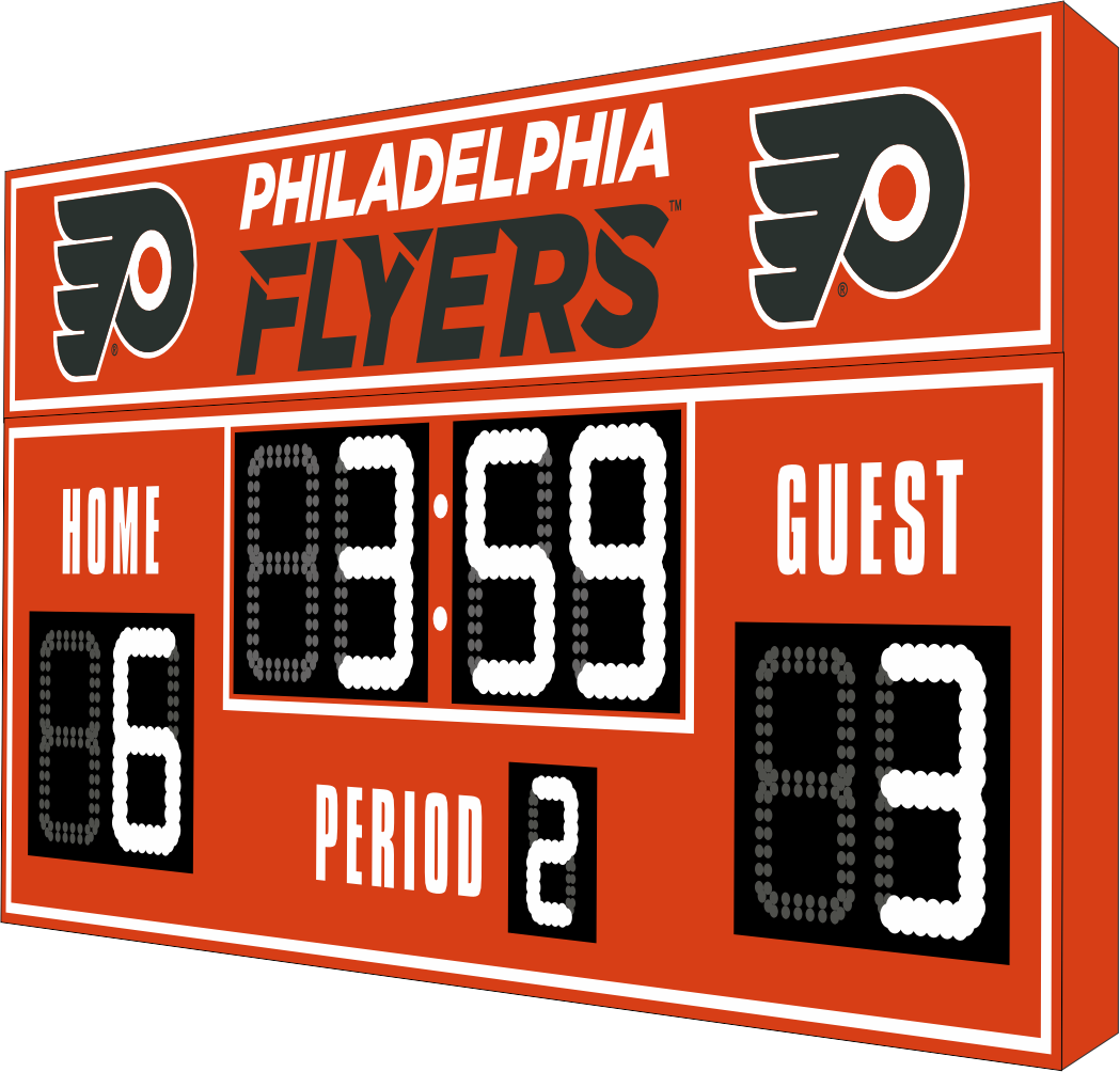 Philadelphia Flyers hockey scoreboard. The scoreboard is red with white LED digits and displays time, scores for home and guest teams, and the period number. The top section includes the "Philadelphia Flyers" text with team logos on both sides.
