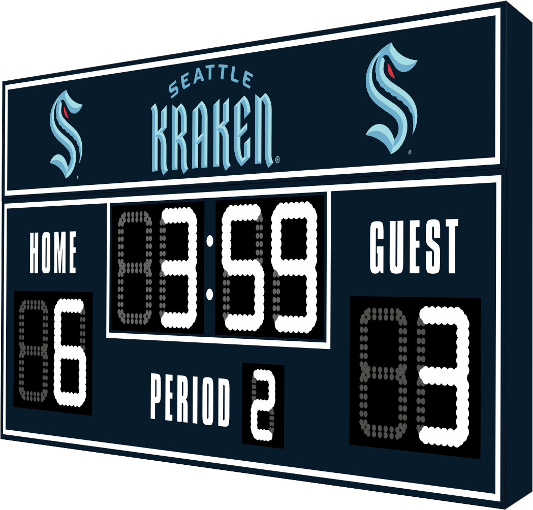 Seattle Kraken hockey scoreboard. The scoreboard is dark blue with white LED digits and displays time, scores for home and guest teams, and the period number. The top section includes the "Seattle Kraken" text with team logos on both sides.
