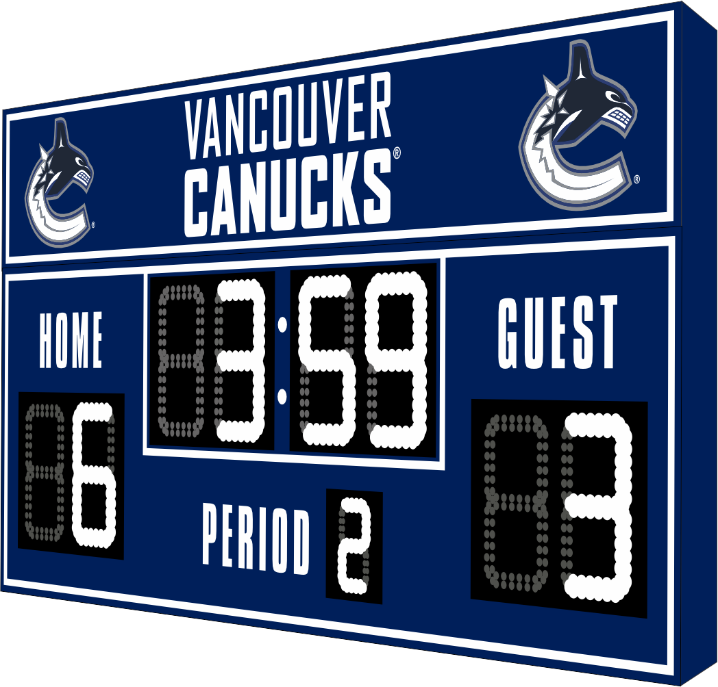 Vancouver Canucks hockey scoreboard. The scoreboard is navy with white LED digits and displays time, scores for home and guest teams, and the period number. The top section includes the "Vancouver Canucks" text with team logos on both sides.