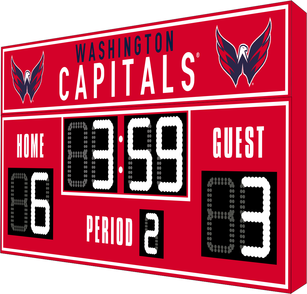 Washington Capitals hockey scoreboard. The scoreboard is red with white LED digits and displays time, scores for home and guest teams, and the period number. The top section includes the "Washington Capitals" text with team logos on both sides.