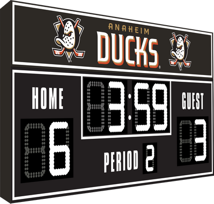 Anaheim Ducks hockey scoreboard. The scoreboard is black with white LED digits and displays time, scores for home and guest teams, and the period number. The top section includes the "Anaheim Ducks" text with team logos on both sides. 