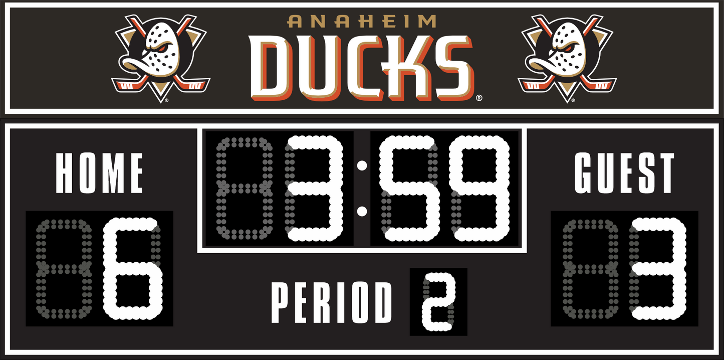 Anaheim Ducks hockey scoreboard. The scoreboard is black with white LED digits and displays time, scores for home and guest teams, and the period number. The top section includes the "Anaheim Ducks" text with team logos on both sides. 