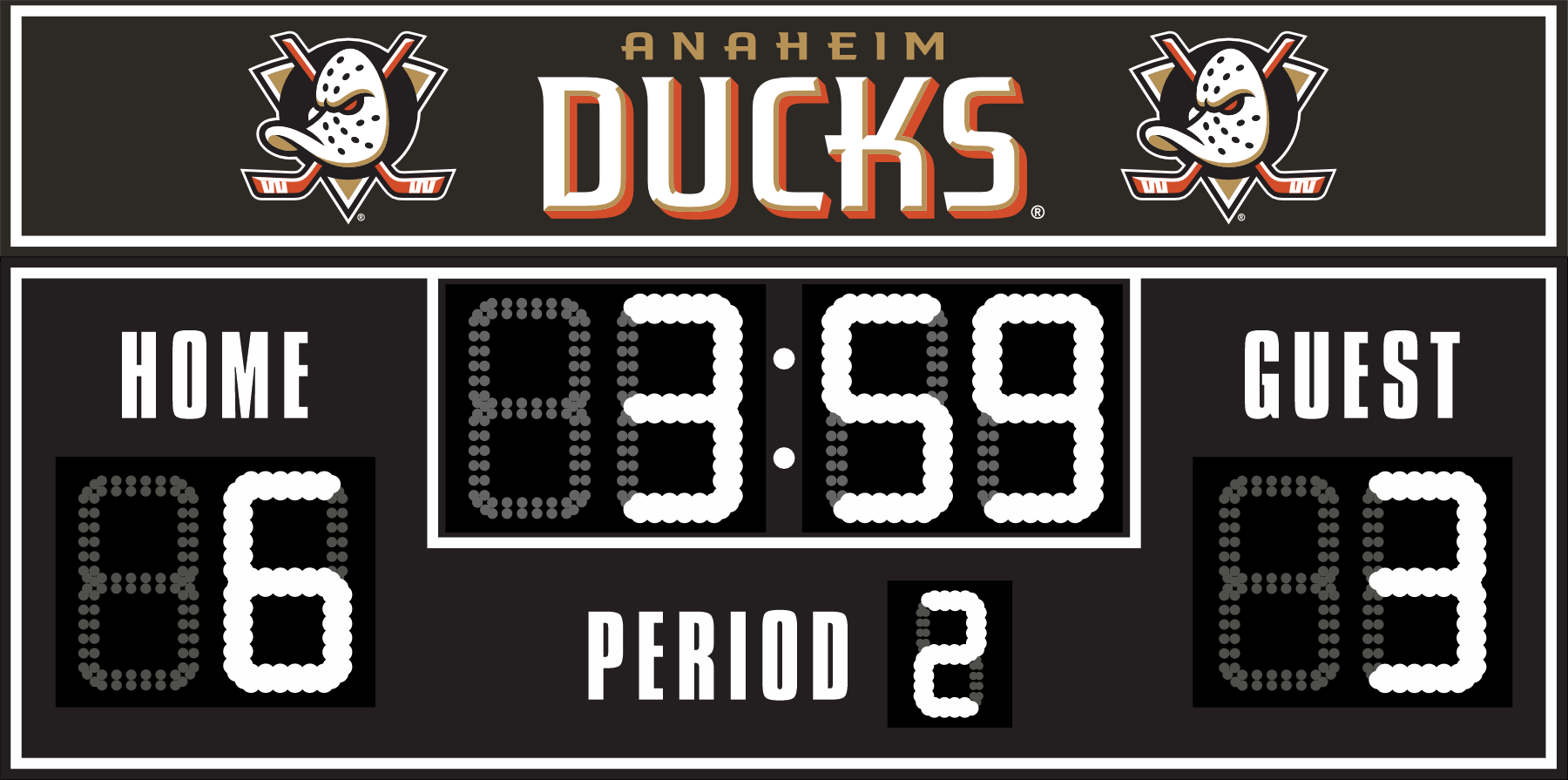 Anaheim Ducks hockey scoreboard. The scoreboard is black with white LED digits and displays time, scores for home and guest teams, and the period number. The top section includes the "Anaheim Ducks" text with team logos on both sides. 