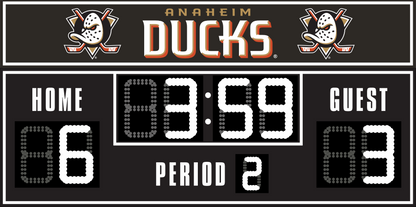 Anaheim Ducks hockey scoreboard. The scoreboard is black with white LED digits and displays time, scores for home and guest teams, and the period number. The top section includes the "Anaheim Ducks" text with team logos on both sides. 