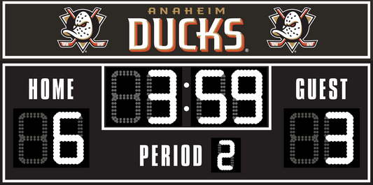 Anaheim Ducks hockey scoreboard. The scoreboard is black with white LED digits and displays time, scores for home and guest teams, and the period number. The top section includes the "Anaheim Ducks" text with team logos on both sides. 