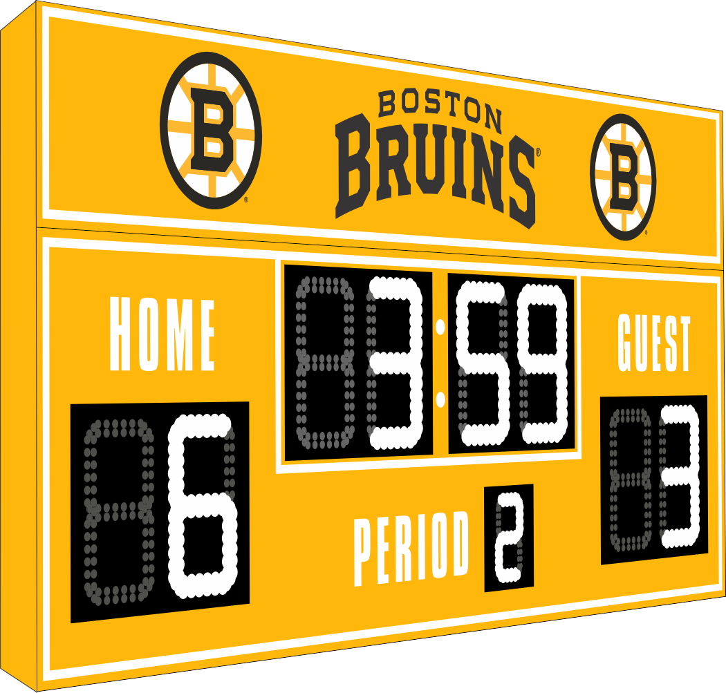Boston Bruins hockey scoreboard. The scoreboard is yellow with white LED digits and displays time, scores for home and guest teams, and the period number. The top section includes the "Boston Bruins" text with team logos on both sides. 