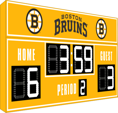 Boston Bruins hockey scoreboard. The scoreboard is yellow with white LED digits and displays time, scores for home and guest teams, and the period number. The top section includes the "Boston Bruins" text with team logos on both sides. 