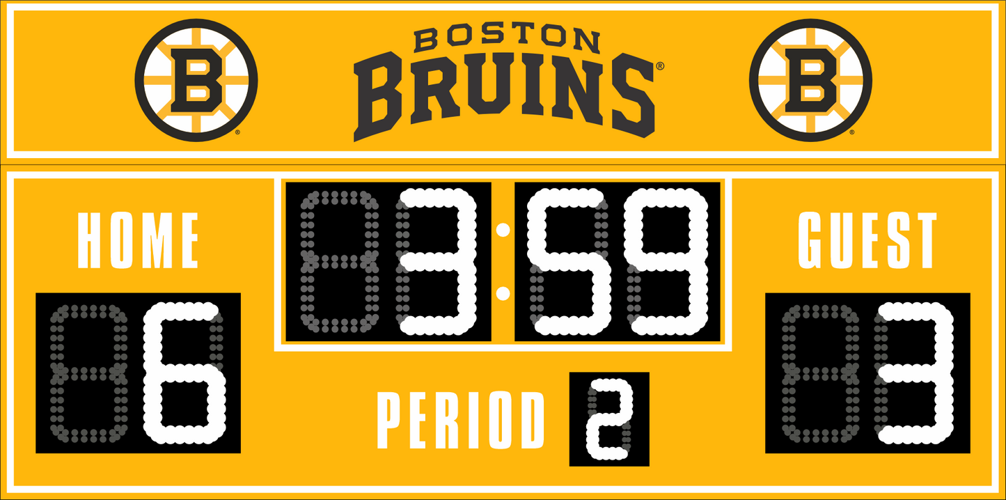 Boston Bruins hockey scoreboard. The scoreboard is yellow with white LED digits and displays time, scores for home and guest teams, and the period number. The top section includes the "Boston Bruins" text with team logos on both sides. 