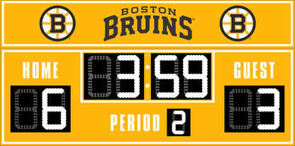 Boston Bruins hockey scoreboard. The scoreboard is yellow with white LED digits and displays time, scores for home and guest teams, and the period number. The top section includes the "Boston Bruins" text with team logos on both sides. 