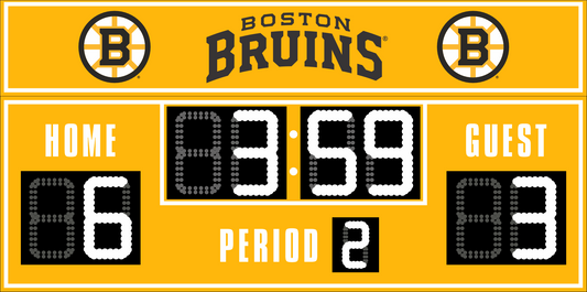 Boston Bruins hockey scoreboard. The scoreboard is yellow with white LED digits and displays time, scores for home and guest teams, and the period number. The top section includes the "Boston Bruins" text with team logos on both sides. 