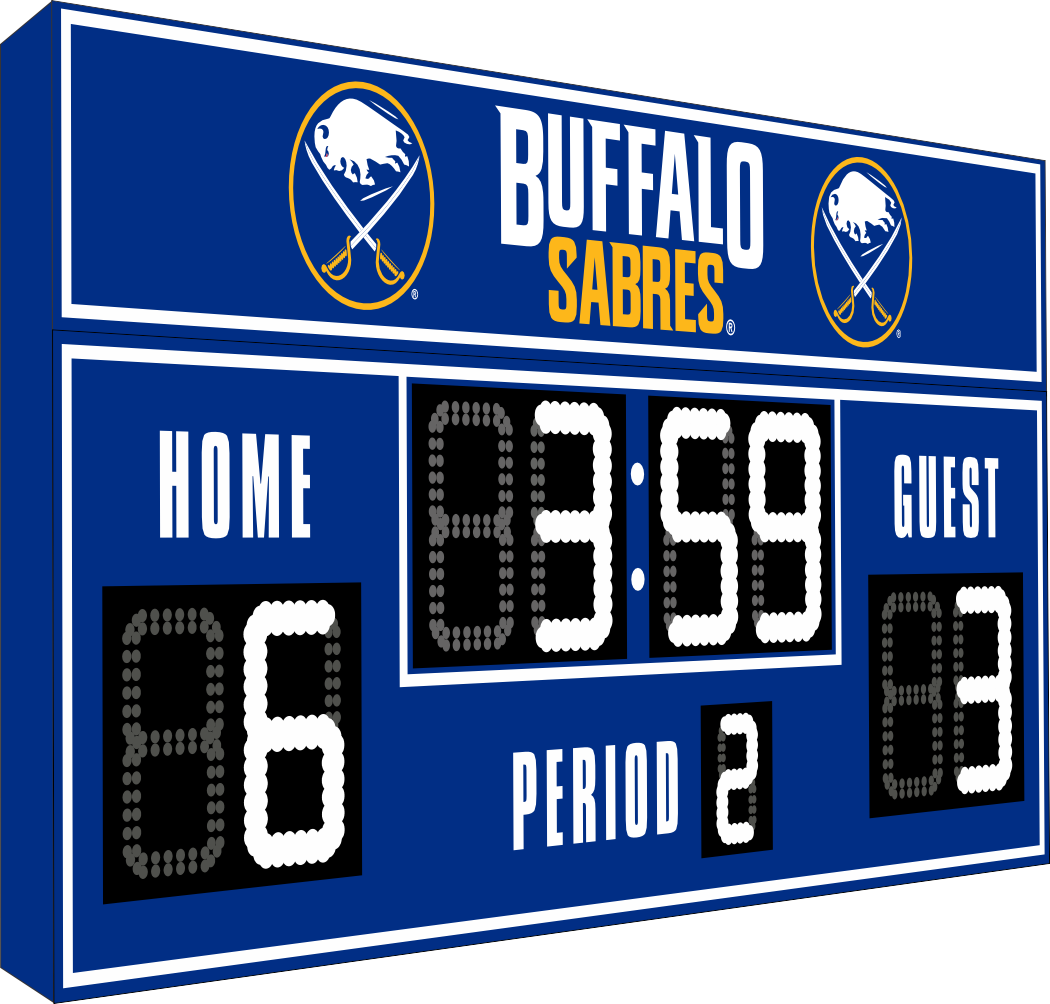 Buffalo Sabres hockey scoreboard. The scoreboard is blue with white LED digits and displays time, scores for home and guest teams, and the period number. The top section includes the 