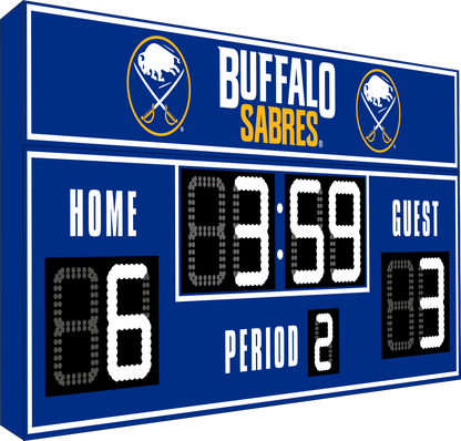 Buffalo Sabres hockey scoreboard. The scoreboard is blue with white LED digits and displays time, scores for home and guest teams, and the period number. The top section includes the "Buffalo Sabres" text with team logos on both sides. 