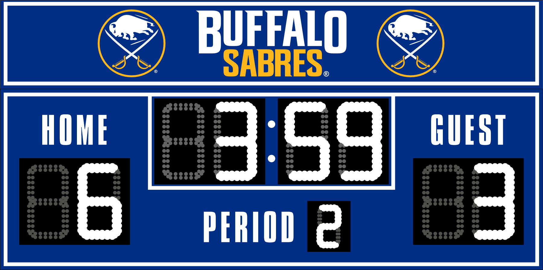 Buffalo Sabres hockey scoreboard. The scoreboard is blue with white LED digits and displays time, scores for home and guest teams, and the period number. The top section includes the 