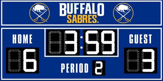 Buffalo Sabres hockey scoreboard. The scoreboard is blue with white LED digits and displays time, scores for home and guest teams, and the period number. The top section includes the "Buffalo Sabres" text with team logos on both sides. 