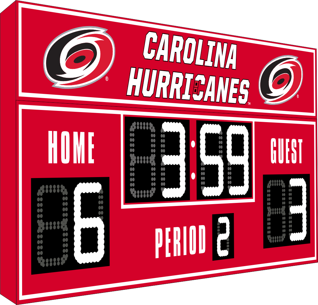 Carolina Hurricanes hockey scoreboard. The scoreboard is red with white LED digits and displays time, scores for home and guest teams, and the period number. The top section includes the 