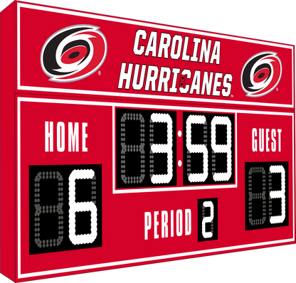 Carolina Hurricanes hockey scoreboard. The scoreboard is red with white LED digits and displays time, scores for home and guest teams, and the period number. The top section includes the "Carolina Hurricanes" text with team logos on both sides. 