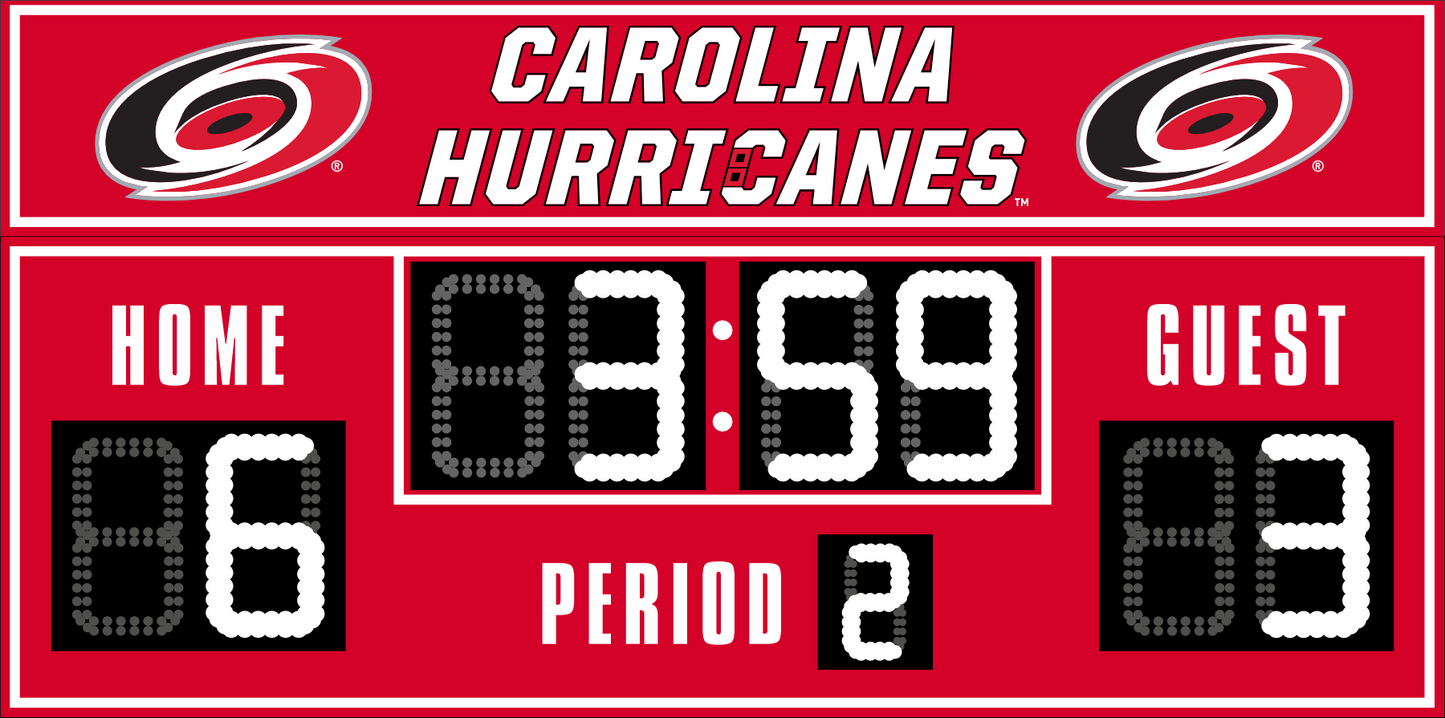 Carolina Hurricanes hockey scoreboard. The scoreboard is red with white LED digits and displays time, scores for home and guest teams, and the period number. The top section includes the "Carolina Hurricanes" text with team logos on both sides. 
