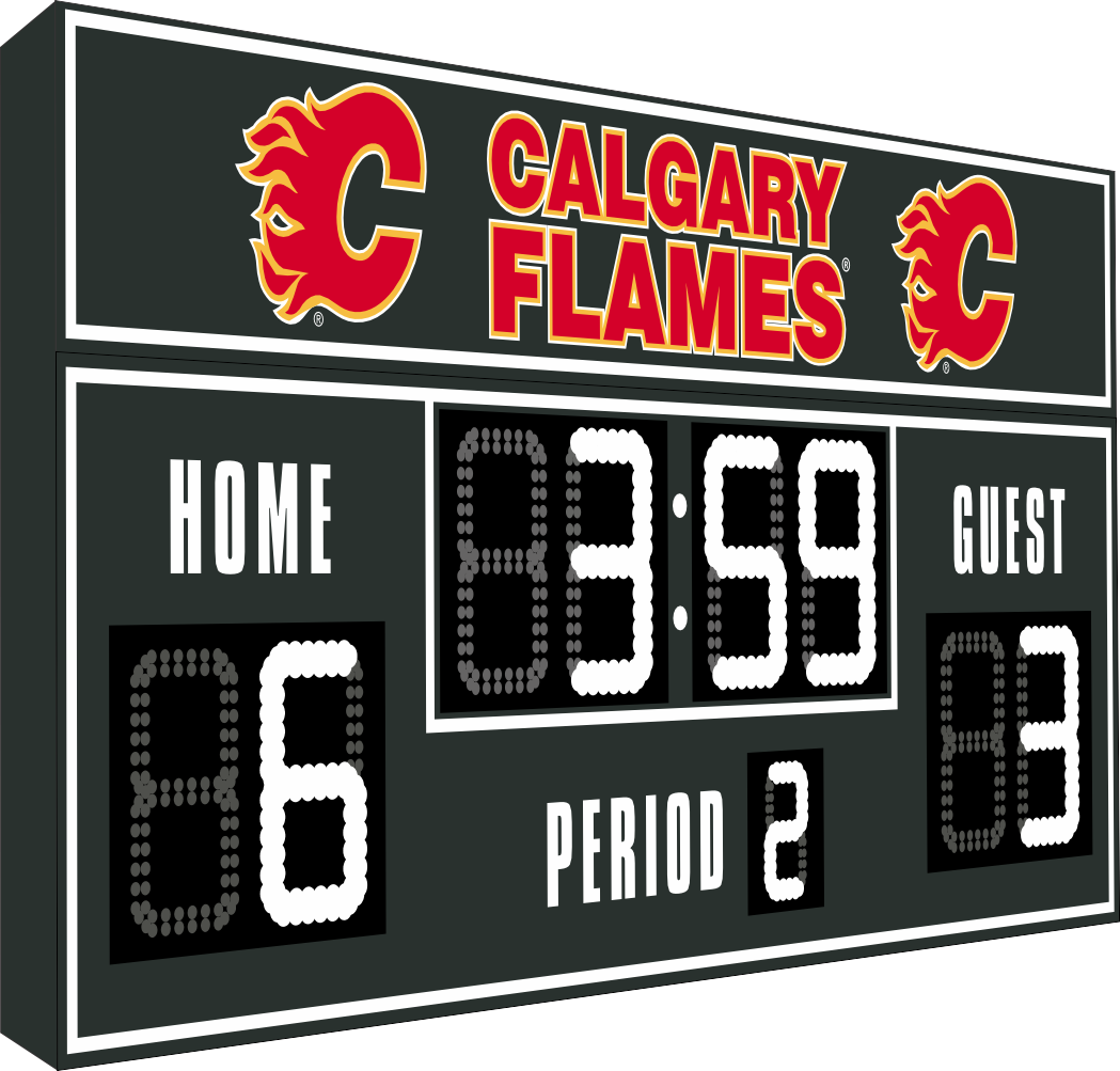 Calgary Flames hockey scoreboard. The scoreboard is black with white LED digits and displays time, scores for home and guest teams, and the period number. The top section includes the "Calgary Flames" text with team logos on both sides. 