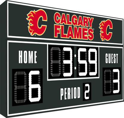 Calgary Flames hockey scoreboard. The scoreboard is black with white LED digits and displays time, scores for home and guest teams, and the period number. The top section includes the "Calgary Flames" text with team logos on both sides. 