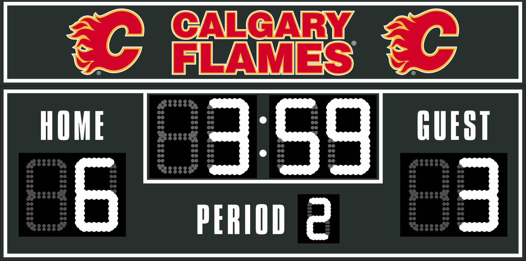Calgary Flames hockey scoreboard. The scoreboard is black with white LED digits and displays time, scores for home and guest teams, and the period number. The top section includes the "Calgary Flames" text with team logos on both sides. 