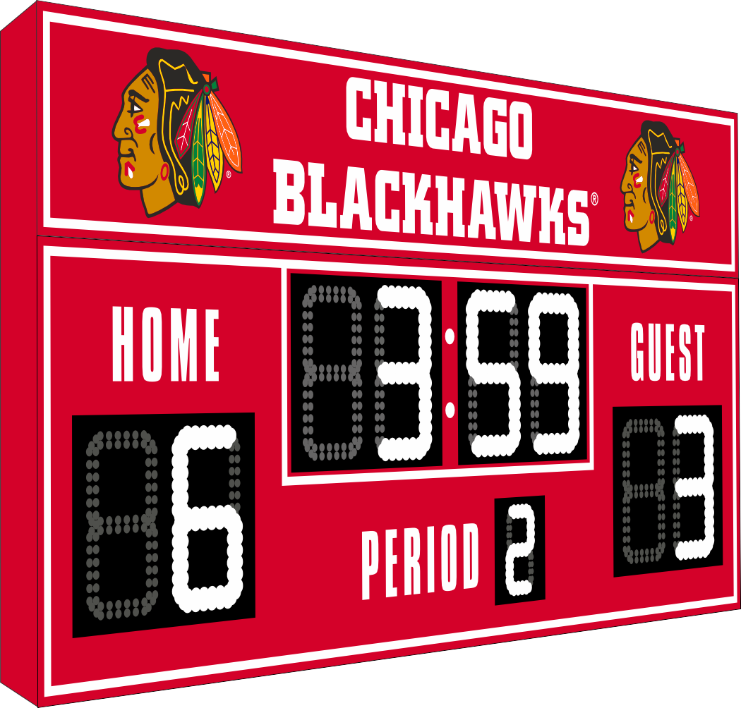 Chicago Blackhawks hockey scoreboard. The scoreboard is red with white LED digits and displays time, scores for home and guest teams, and the period number. The top section includes the "Chicago Blackhawks" text with team logos on both sides. 