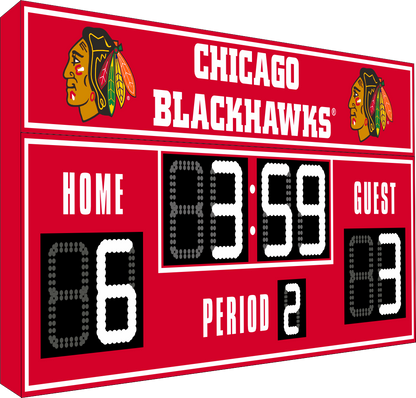Chicago Blackhawks hockey scoreboard. The scoreboard is red with white LED digits and displays time, scores for home and guest teams, and the period number. The top section includes the "Chicago Blackhawks" text with team logos on both sides. 