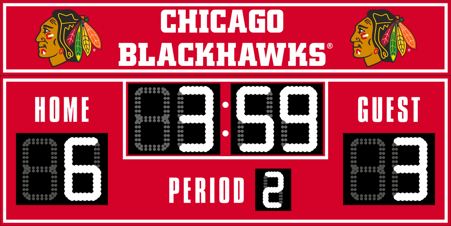 Chicago Blackhawks hockey scoreboard. The scoreboard is red with white LED digits and displays time, scores for home and guest teams, and the period number. The top section includes the "Chicago Blackhawks" text with team logos on both sides. 
