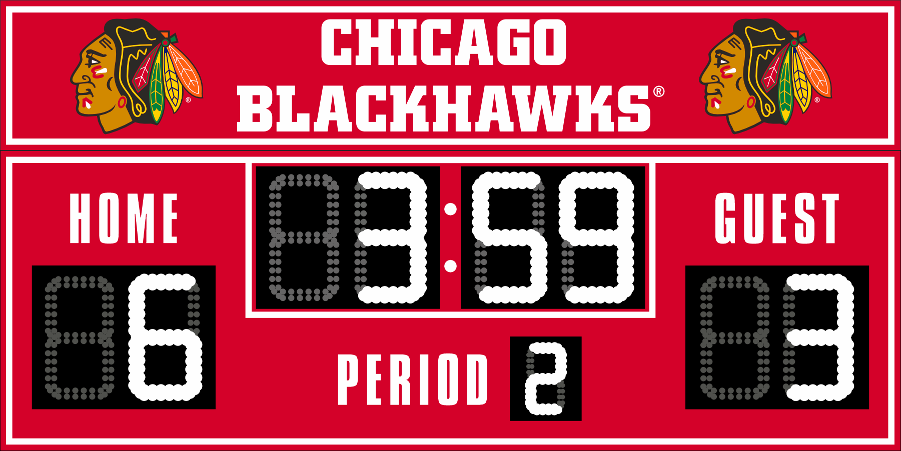 Chicago Blackhawks hockey scoreboard. The scoreboard is red with white LED digits and displays time, scores for home and guest teams, and the period number. The top section includes the "Chicago Blackhawks" text with team logos on both sides. 