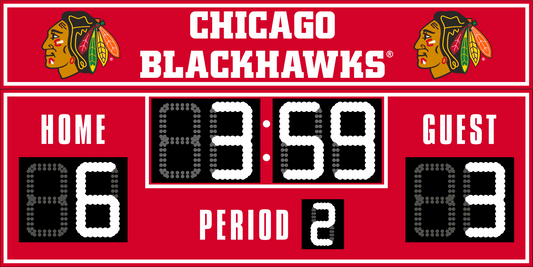 Chicago Blackhawks hockey scoreboard. The scoreboard is red with white LED digits and displays time, scores for home and guest teams, and the period number. The top section includes the "Chicago Blackhawks" text with team logos on both sides. 