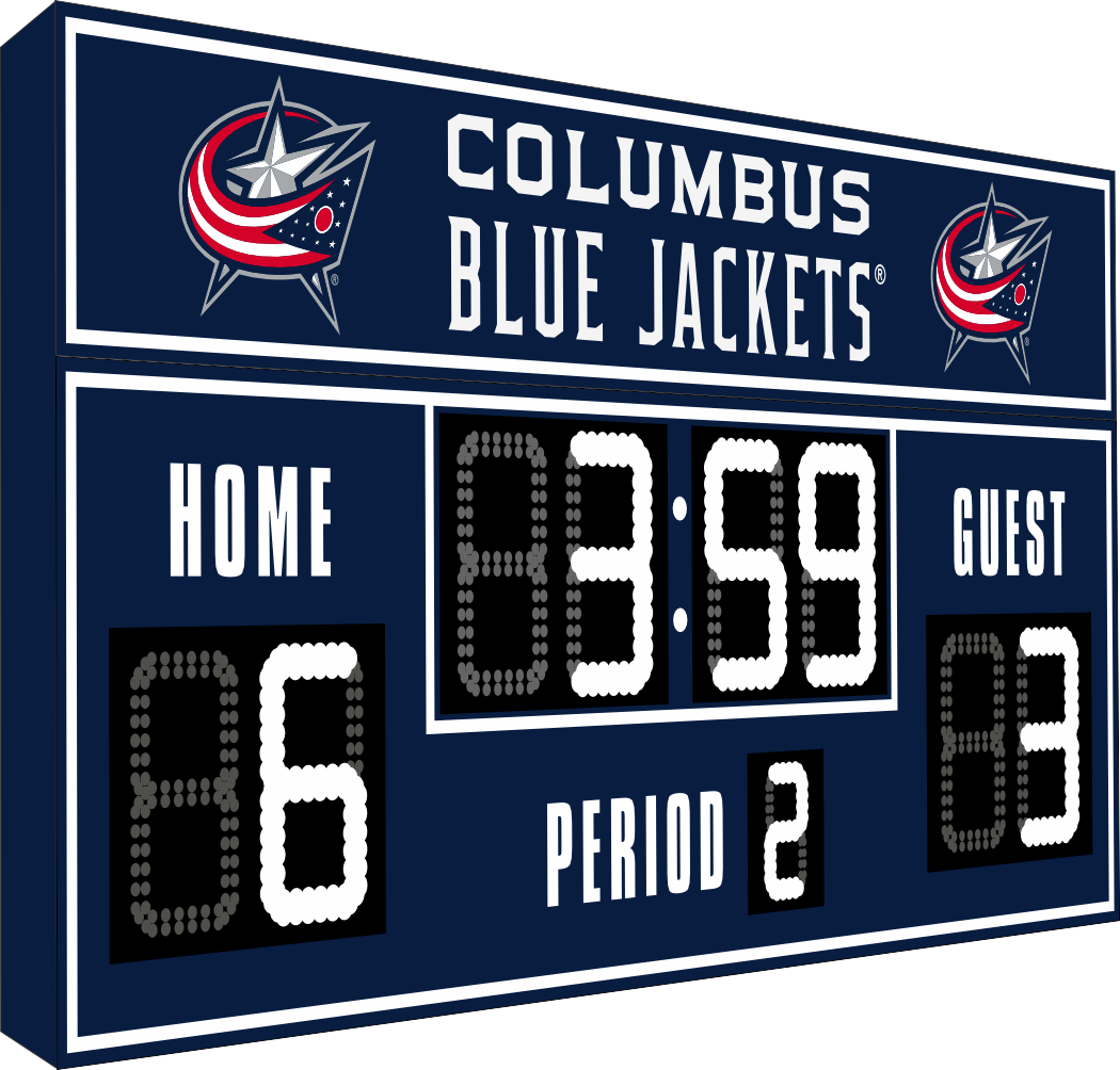 Columbus Blue Jackets hockey scoreboard. The scoreboard is blue with white LED digits and displays time, scores for home and guest teams, and the period number. The top section includes the "Columbus Blue Jackets" text with team logos on both sides. 