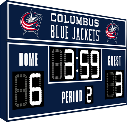 Columbus Blue Jackets hockey scoreboard. The scoreboard is blue with white LED digits and displays time, scores for home and guest teams, and the period number. The top section includes the "Columbus Blue Jackets" text with team logos on both sides. 