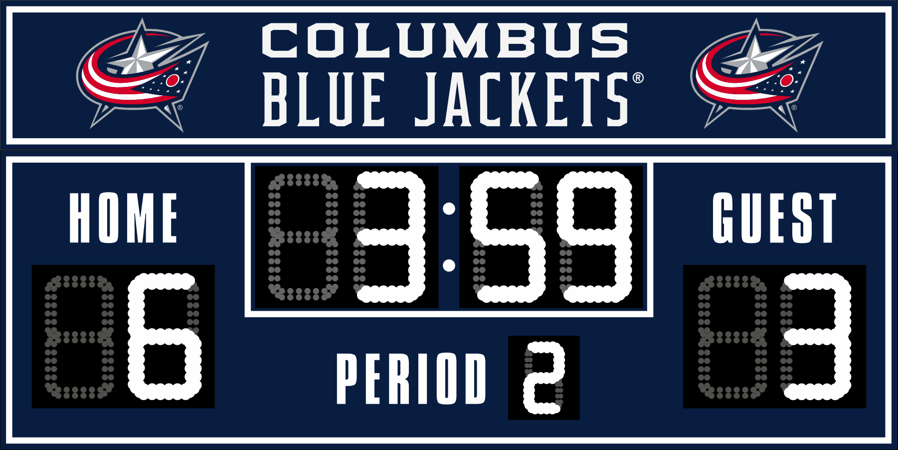 Columbus Blue Jackets hockey scoreboard. The scoreboard is blue with white LED digits and displays time, scores for home and guest teams, and the period number. The top section includes the 