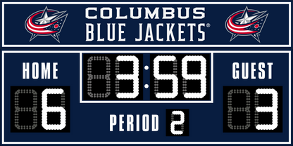 Columbus Blue Jackets hockey scoreboard. The scoreboard is blue with white LED digits and displays time, scores for home and guest teams, and the period number. The top section includes the "Columbus Blue Jackets" text with team logos on both sides. 