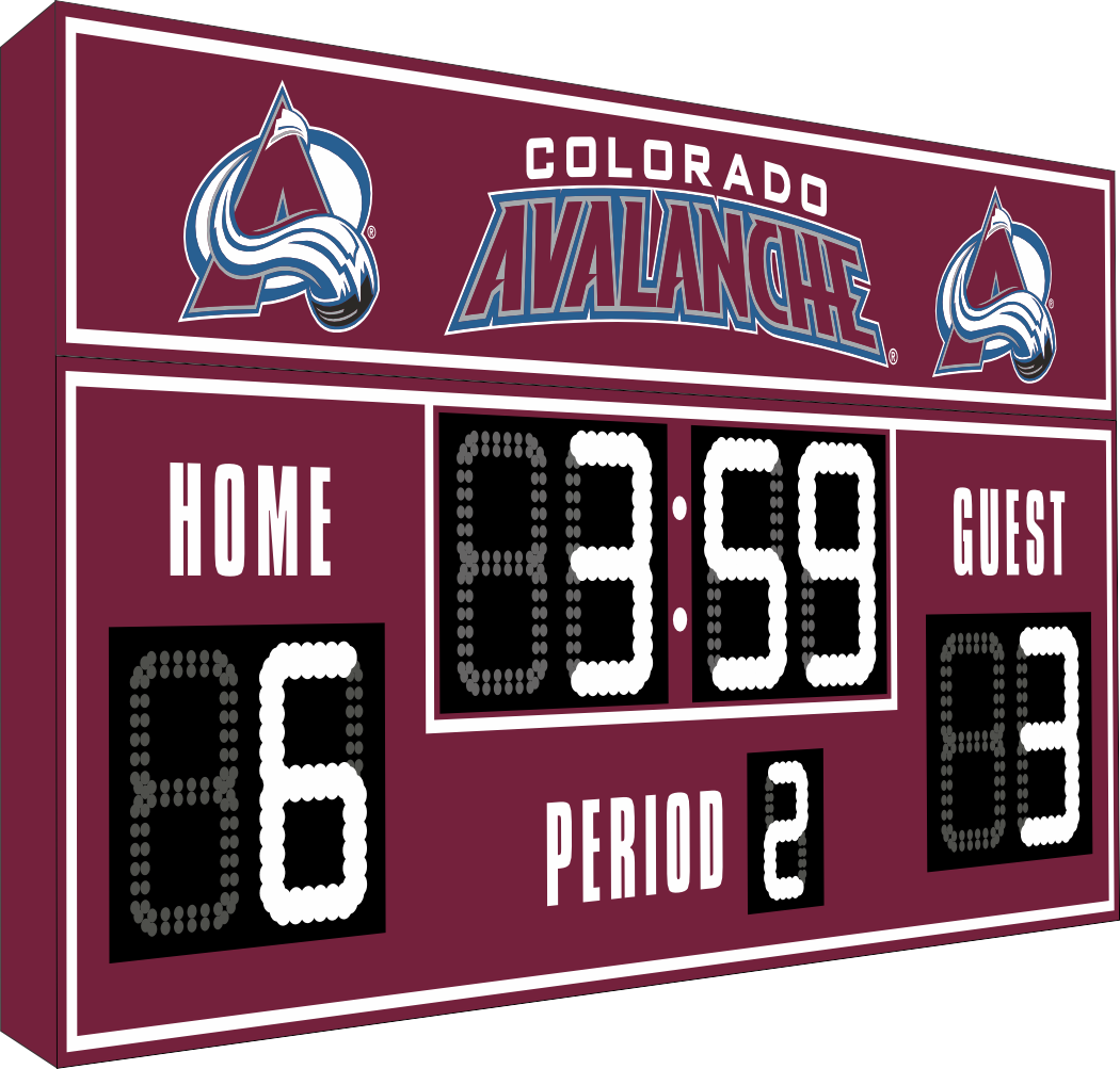 Colorado Avalanche hockey scoreboard. The scoreboard is burgundy with white LED digits and displays time, scores for home and guest teams, and the period number. The top section includes the 