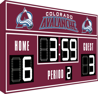 Colorado Avalanche hockey scoreboard. The scoreboard is burgundy with white LED digits and displays time, scores for home and guest teams, and the period number. The top section includes the "Colorado Avalanche" text with team logos on both sides. 