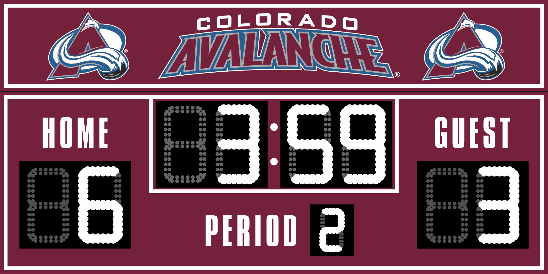 Colorado Avalanche hockey scoreboard. The scoreboard is burgundy with white LED digits and displays time, scores for home and guest teams, and the period number. The top section includes the 