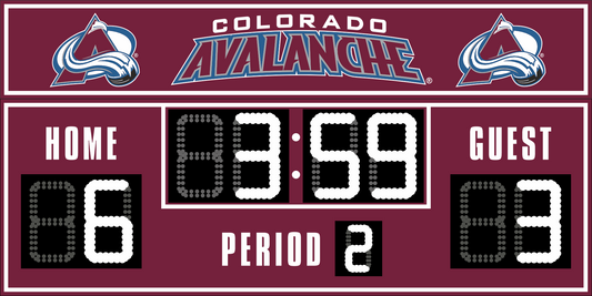 Colorado Avalanche hockey scoreboard. The scoreboard is burgundy with white LED digits and displays time, scores for home and guest teams, and the period number. The top section includes the "Colorado Avalanche" text with team logos on both sides. 