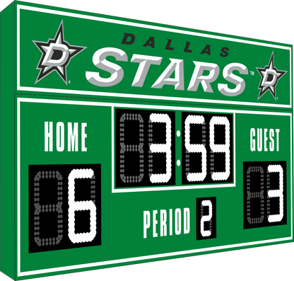 Dallas Stars hockey scoreboard. The scoreboard is green with white LED digits and displays time, scores for home and guest teams, and the period number. The top section includes the "Dallas Stars" text with team logos on both sides. 