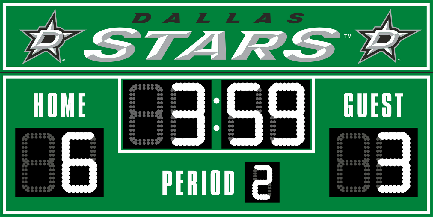 Dallas Stars hockey scoreboard. The scoreboard is green with white LED digits and displays time, scores for home and guest teams, and the period number. The top section includes the "Dallas Stars" text with team logos on both sides. 
