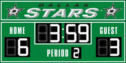 Dallas Stars hockey scoreboard. The scoreboard is green with white LED digits and displays time, scores for home and guest teams, and the period number. The top section includes the "Dallas Stars" text with team logos on both sides. 