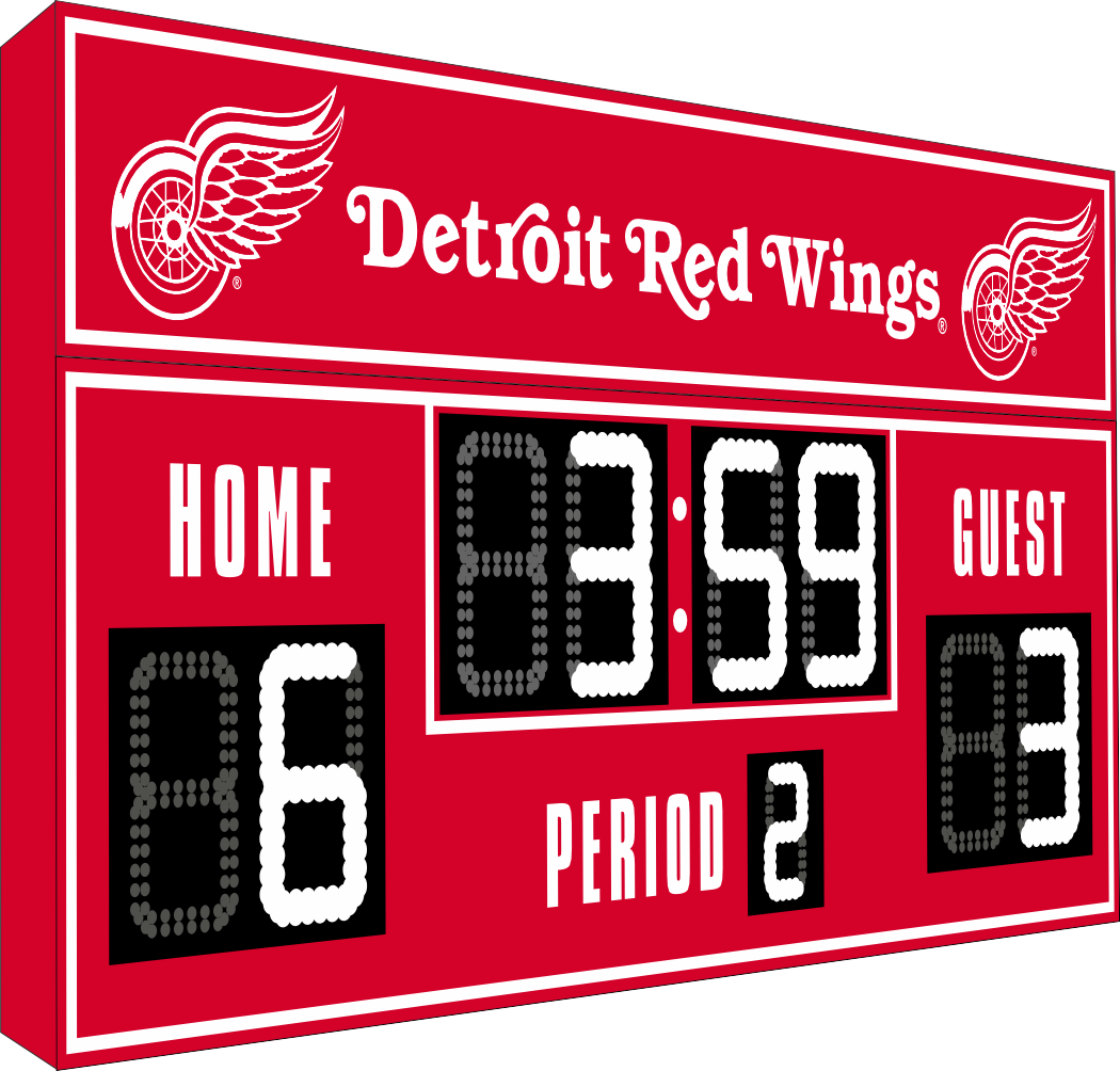 Detroit Red Wings hockey scoreboard. The scoreboard is red with white LED digits and displays time, scores for home and guest teams, and the period number. The top section includes the "Detroit Red Wings" text with team logos on both sides. 