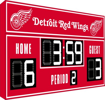 Detroit Red Wings hockey scoreboard. The scoreboard is red with white LED digits and displays time, scores for home and guest teams, and the period number. The top section includes the "Detroit Red Wings" text with team logos on both sides. 