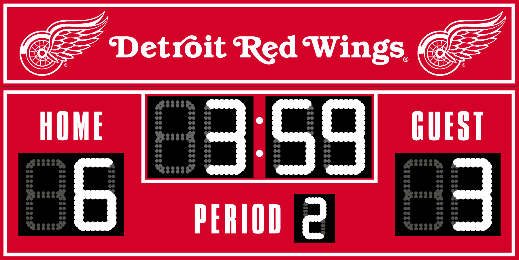 Detroit Red Wings hockey scoreboard. The scoreboard is red with white LED digits and displays time, scores for home and guest teams, and the period number. The top section includes the "Detroit Red Wings" text with team logos on both sides. 