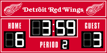 Detroit Red Wings hockey scoreboard. The scoreboard is red with white LED digits and displays time, scores for home and guest teams, and the period number. The top section includes the "Detroit Red Wings" text with team logos on both sides. 