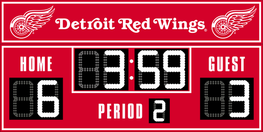 Detroit Red Wings hockey scoreboard. The scoreboard is red with white LED digits and displays time, scores for home and guest teams, and the period number. The top section includes the "Detroit Red Wings" text with team logos on both sides. 