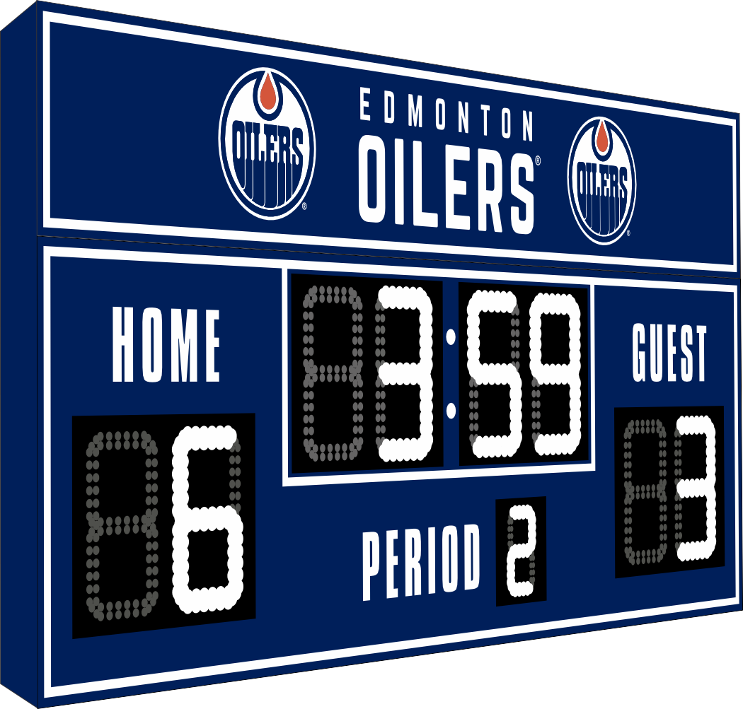 Edmonton Oilers hockey scoreboard. The scoreboard is navy with white LED digits and displays time, scores for home and guest teams, and the period number. The top section includes the "Edmonton Oilers" text with team logos on both sides. 