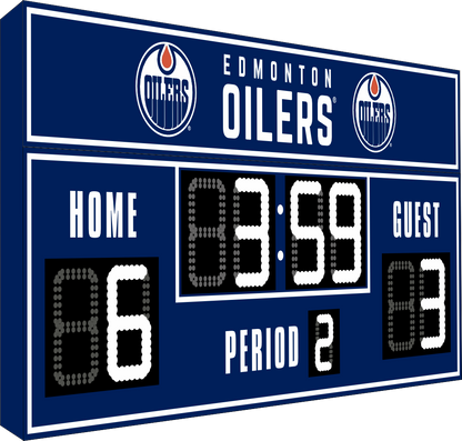 Edmonton Oilers hockey scoreboard. The scoreboard is navy with white LED digits and displays time, scores for home and guest teams, and the period number. The top section includes the "Edmonton Oilers" text with team logos on both sides. 